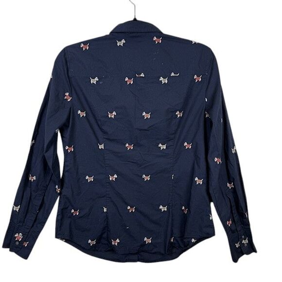 J. Crew Scottie Dogs Embroidered Button Front Shirt Navy Blue Slim Fit Size 8 - Picture 4 of 12